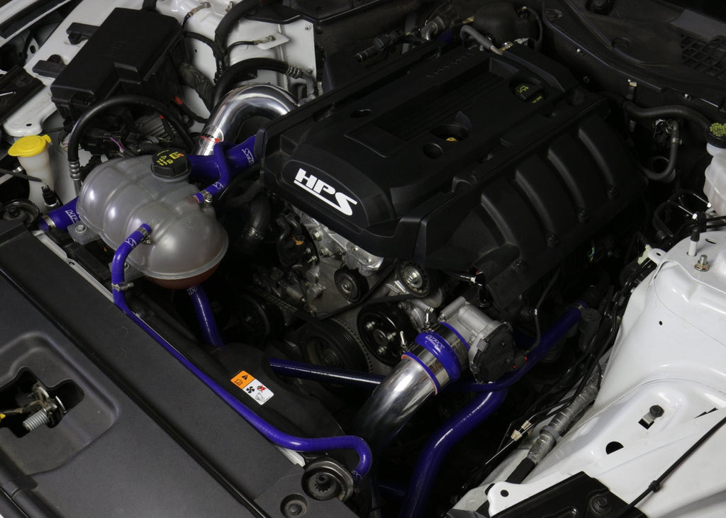 HPS Performance HPS Intercooler Hot Charge Pipe and Cold Side with Blue Hoses 15-17 Ford Mustang Ecoboost 2.3L Turbo, Polish
