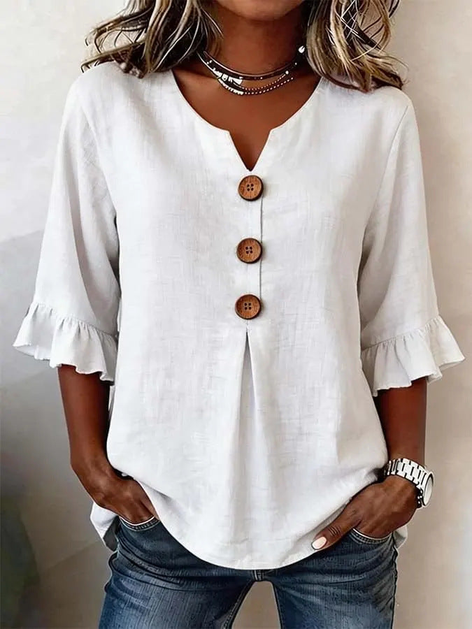 2026 Summer Women's V Neck Cotton Linen Button Up Shirt Solid Color Button Design  Short Sleeve
