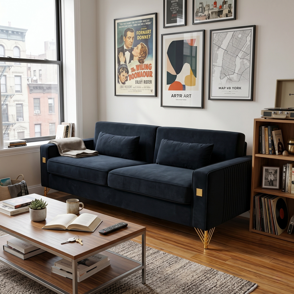 Luxury Velvet Sofa with Gold Metal Accents