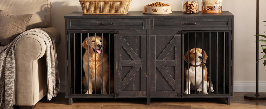 Dog Crate Furniture TV Stand - 2-in-1 Wooden Dog Kennel with Storage