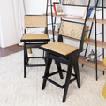 Keira Mid-Century Rattan Bar Stool Set of 2 with Leather Seat