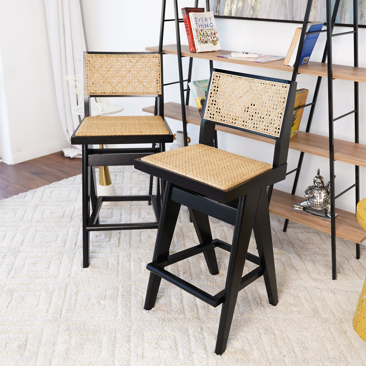 Keira Mid-Century Rattan Bar Stool Set of 2 with Leather Seat