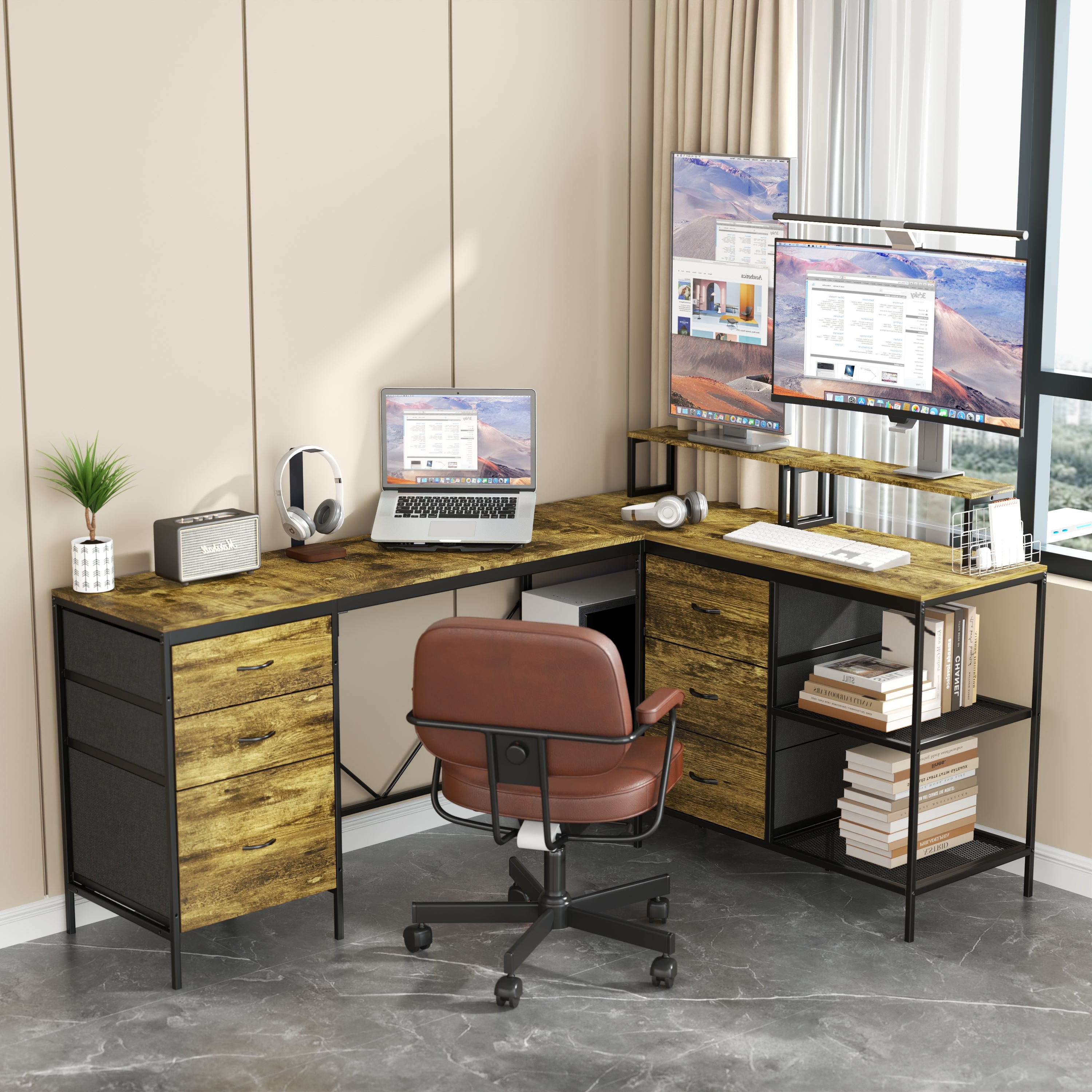 114" L-Shaped Desk with Power Hub, Industrial Design