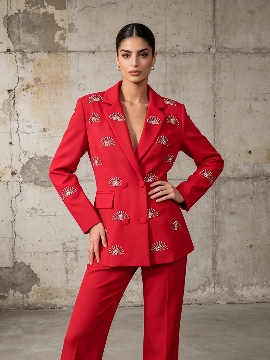 Rhinestone Fan Motif Double Breasted Notched Lapel Tailored Blazer Jacket