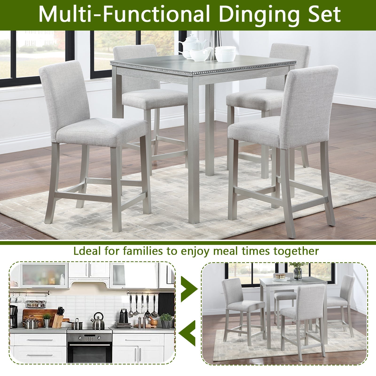 5 Piece Counter Height Table Set with Upholstered Chairs