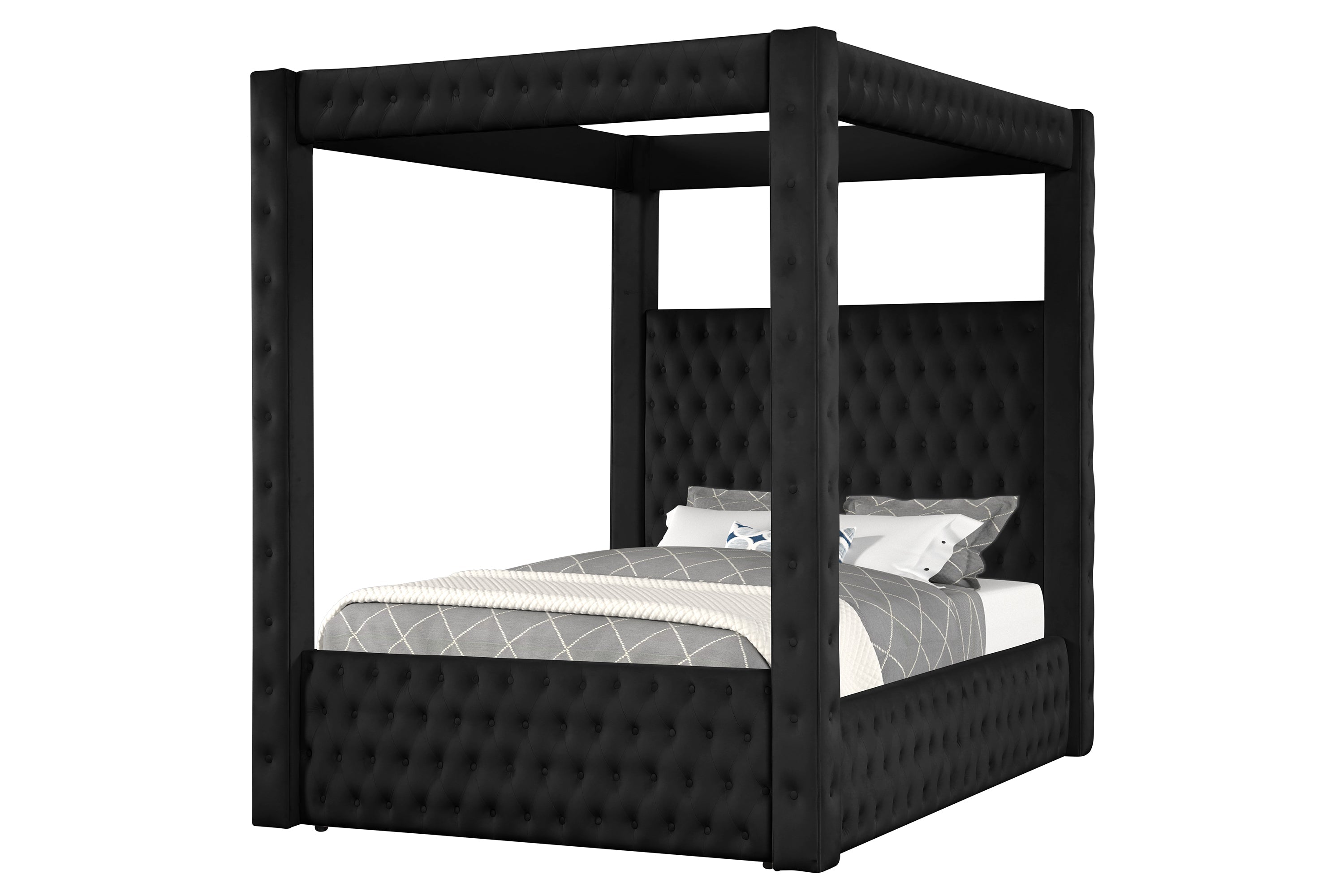 Majestic Canopy Four-poster Queen Bed Tufted Headboard and Footboard