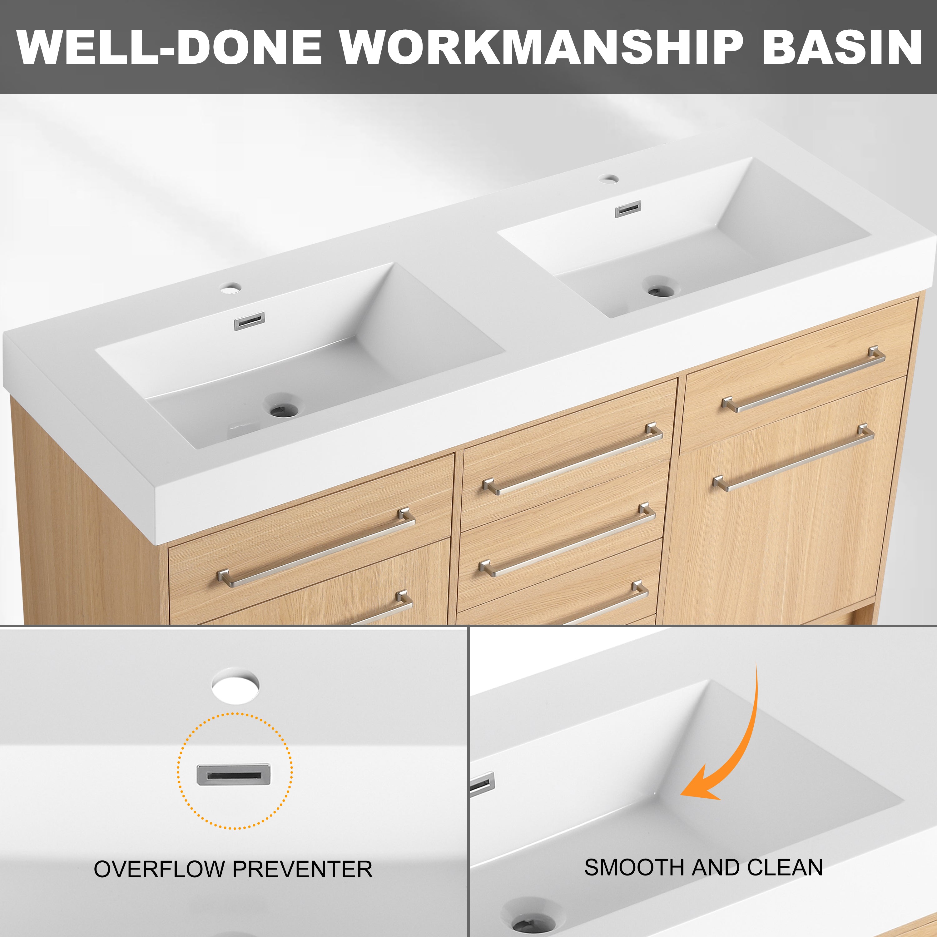 60" Freestanding Bathroom Vanity with Double Resin Sink