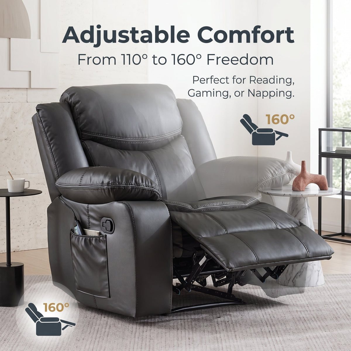 Grey Air Leather Recliner Chair With Vibration And Heating