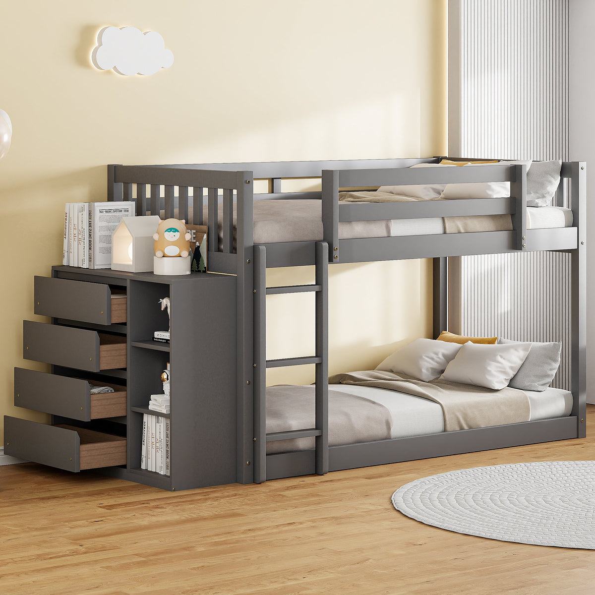 Twin Over Twin Bunk Bed with 4 Drawers and 3 Shelves - Gray
