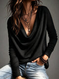 French Lazy Style Loose Long Sleeve Top Casual Versatile Solid Color Cowl Neck Ribbed Base Shirt