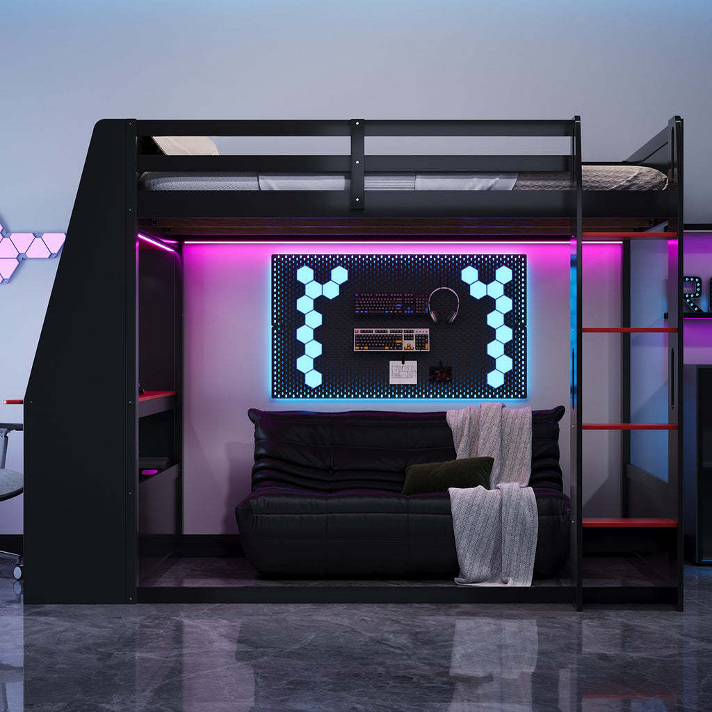 Full Size Wooden Gaming Bunk Bed with Desk and Storage