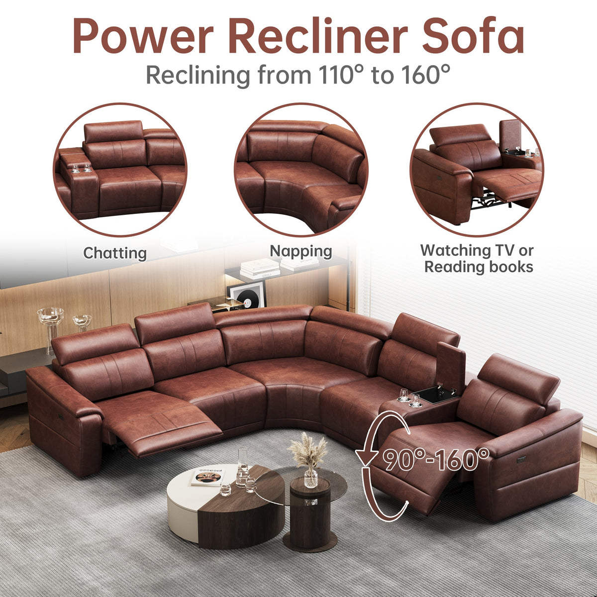 6-Piece Modular Leather Sofa with 2 Cup Holders