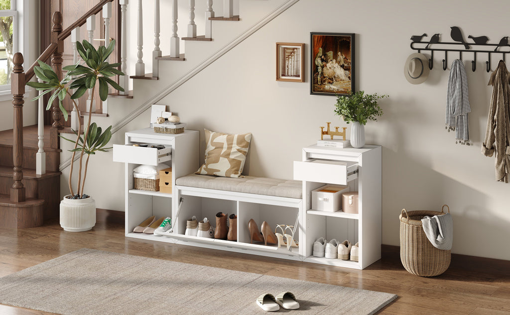 TREXM All-in-One Entryway Storage Bench with Cushion, Compartments & Drawers