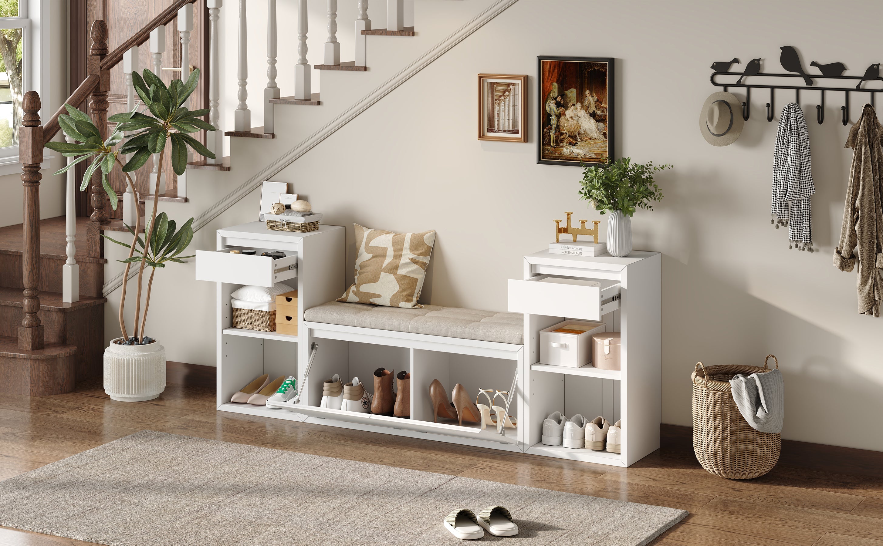 TREXM All-in-One Entryway Storage Bench with Cushion, Compartments & Drawers