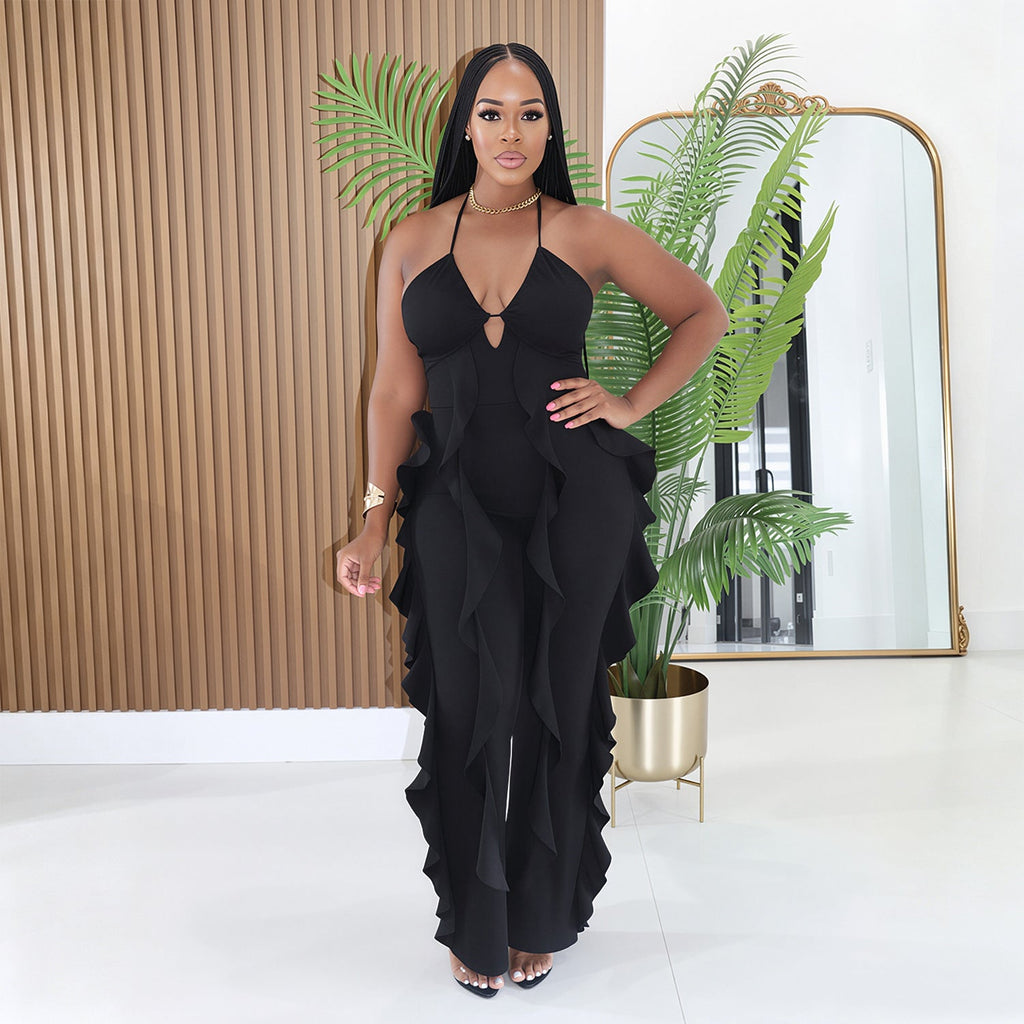 C7836 Cross-border 2026 New Women's Elegant Neck V-neck Ruffled High Waist Slimming Wide Leg Party Jumpsuit