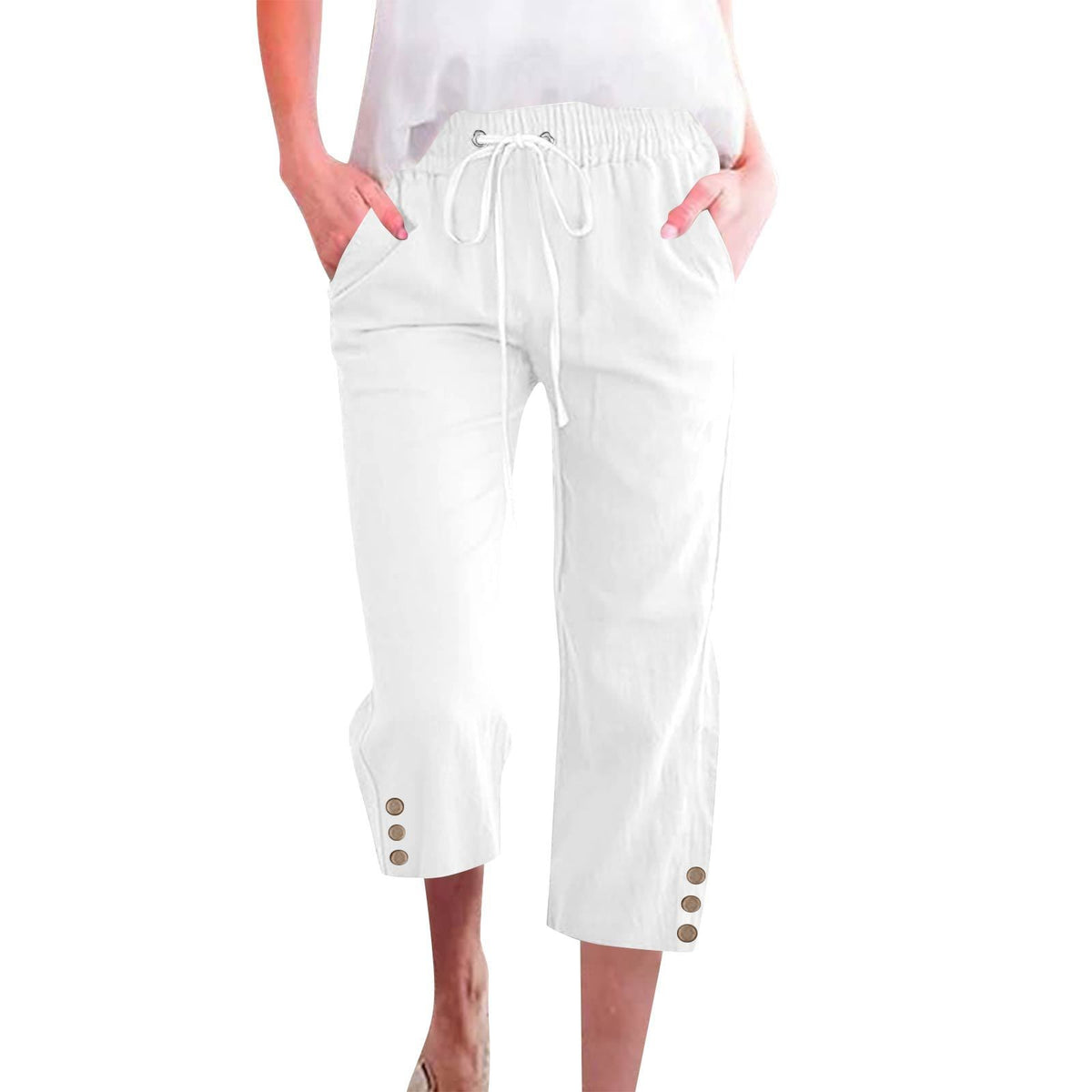 Womens Solid-Colored Drawstring Cotton-Linen Casual Loose-Fit Home Cropped Pants With Buttons And Pockets