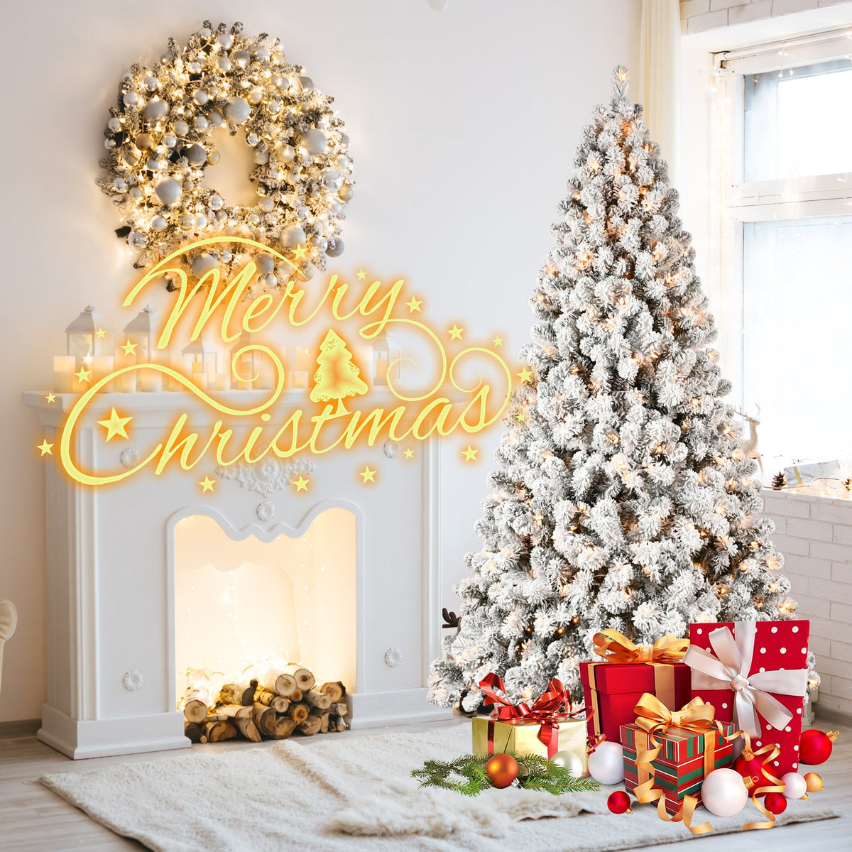 9ft Flocked Pre-Lit Christmas Tree with 650 UL Warm Lights