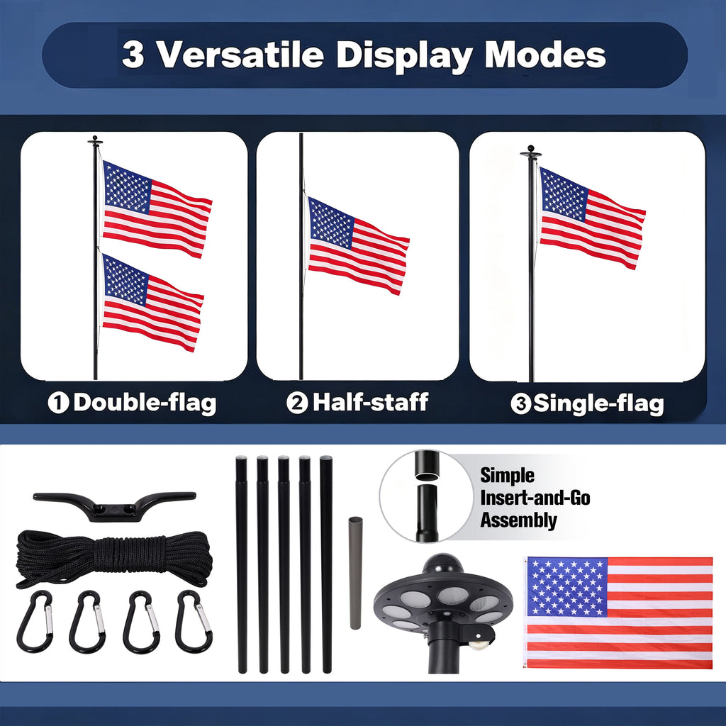 20FT Heavy Duty Flagpole Kit with LED Solar Light