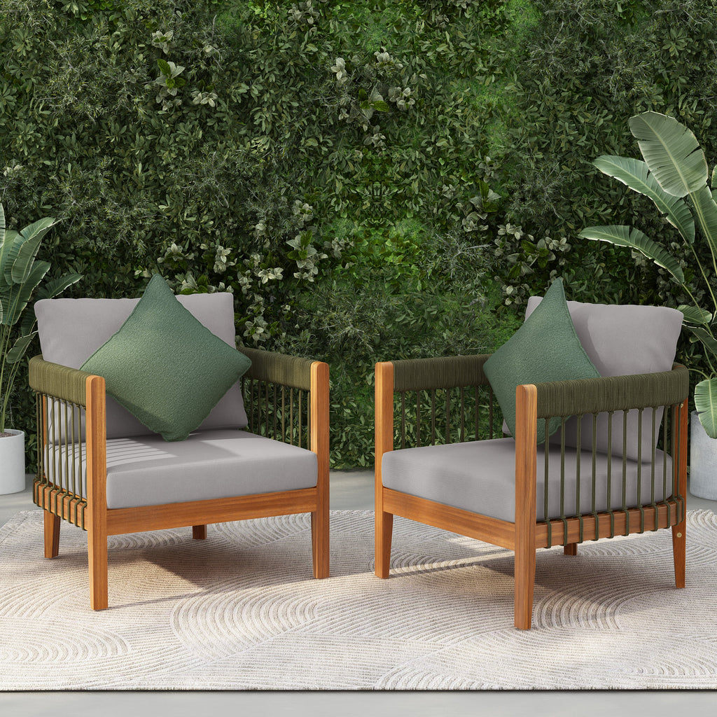 Set of 2 Acacia Wood Outdoor Club Chair with Handwoven Rope Accents