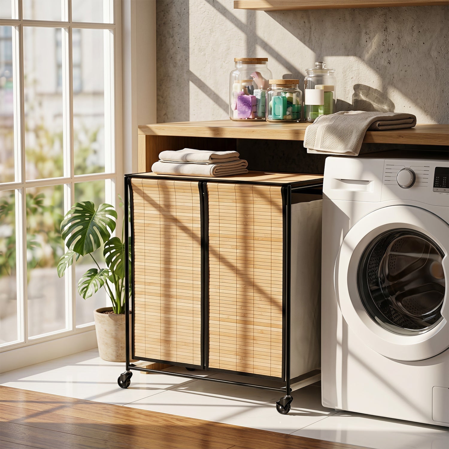 2-Section Laundry Hamper with Lid and Wheels, 18.5 Gal
