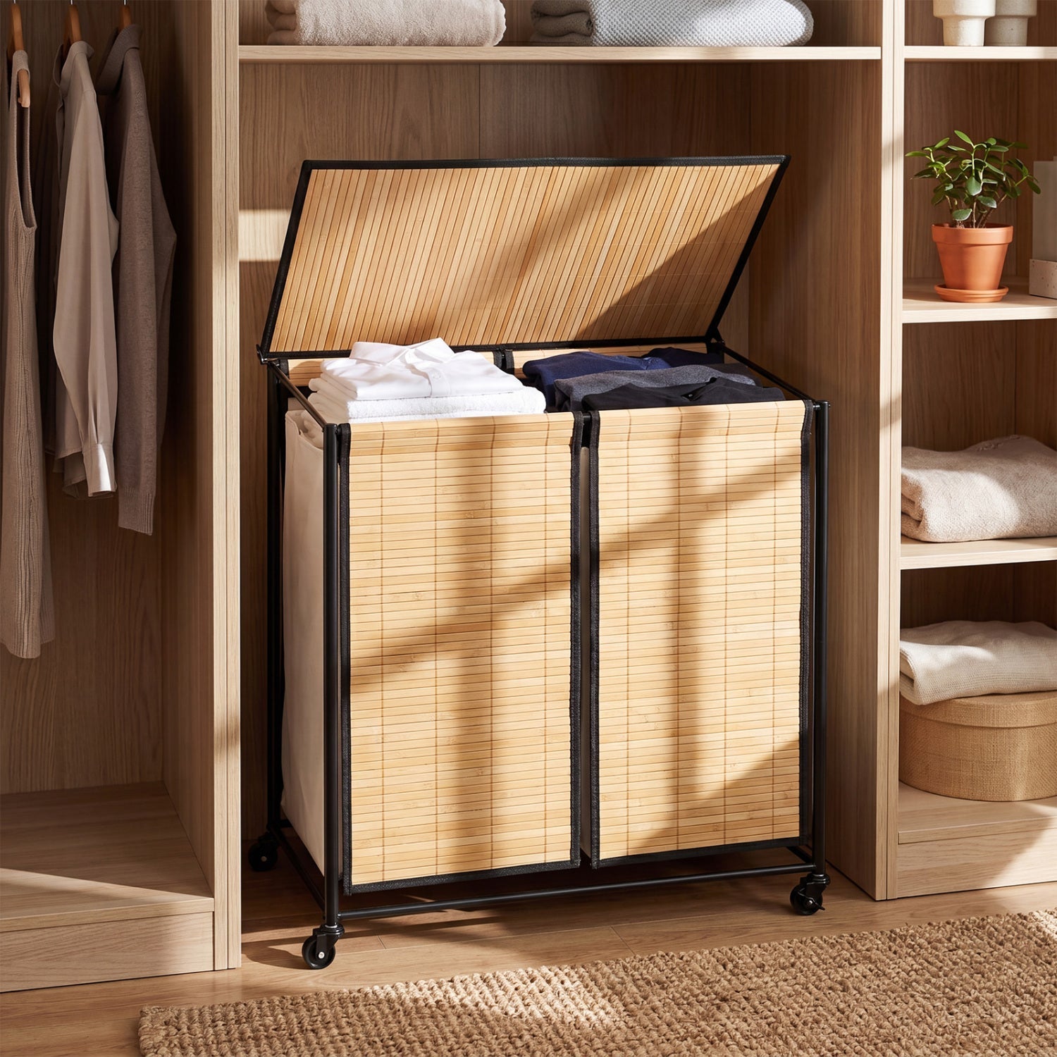 2-Section Laundry Hamper with Lid and Wheels, 18.5 Gal