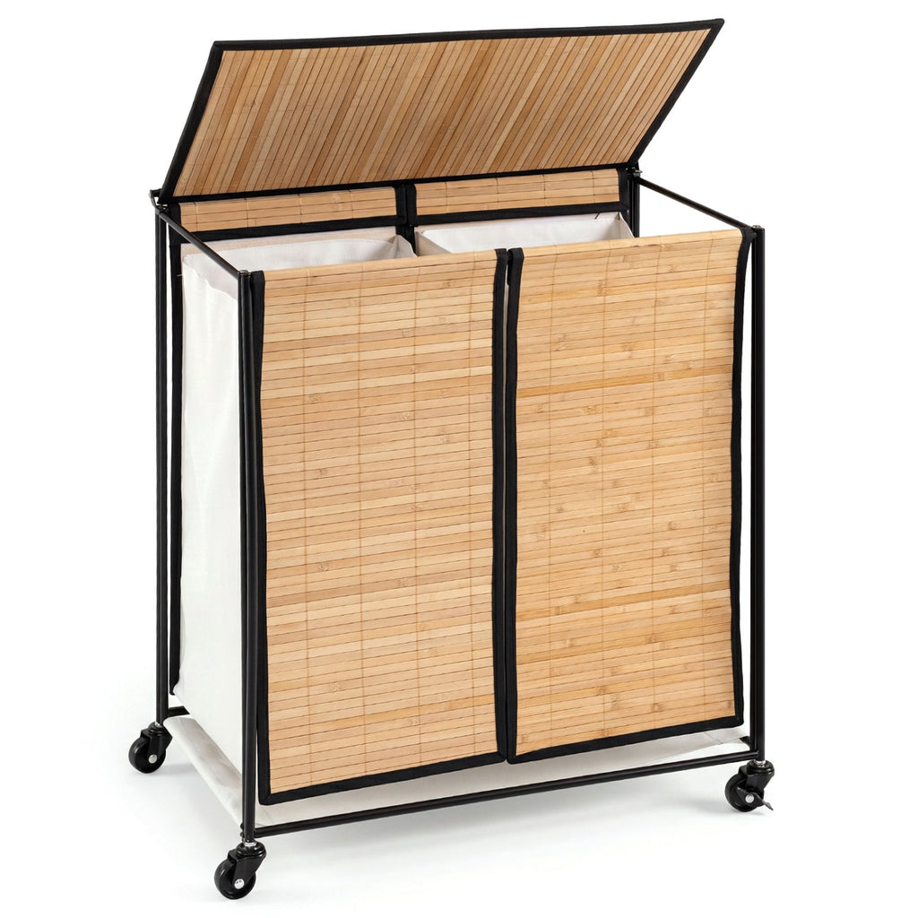 2-Section Laundry Hamper with Lid and Wheels, 18.5 Gal