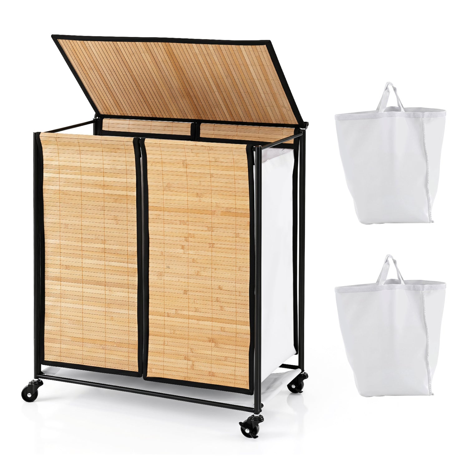2-Section Laundry Hamper with Lid and Wheels, 18.5 Gal