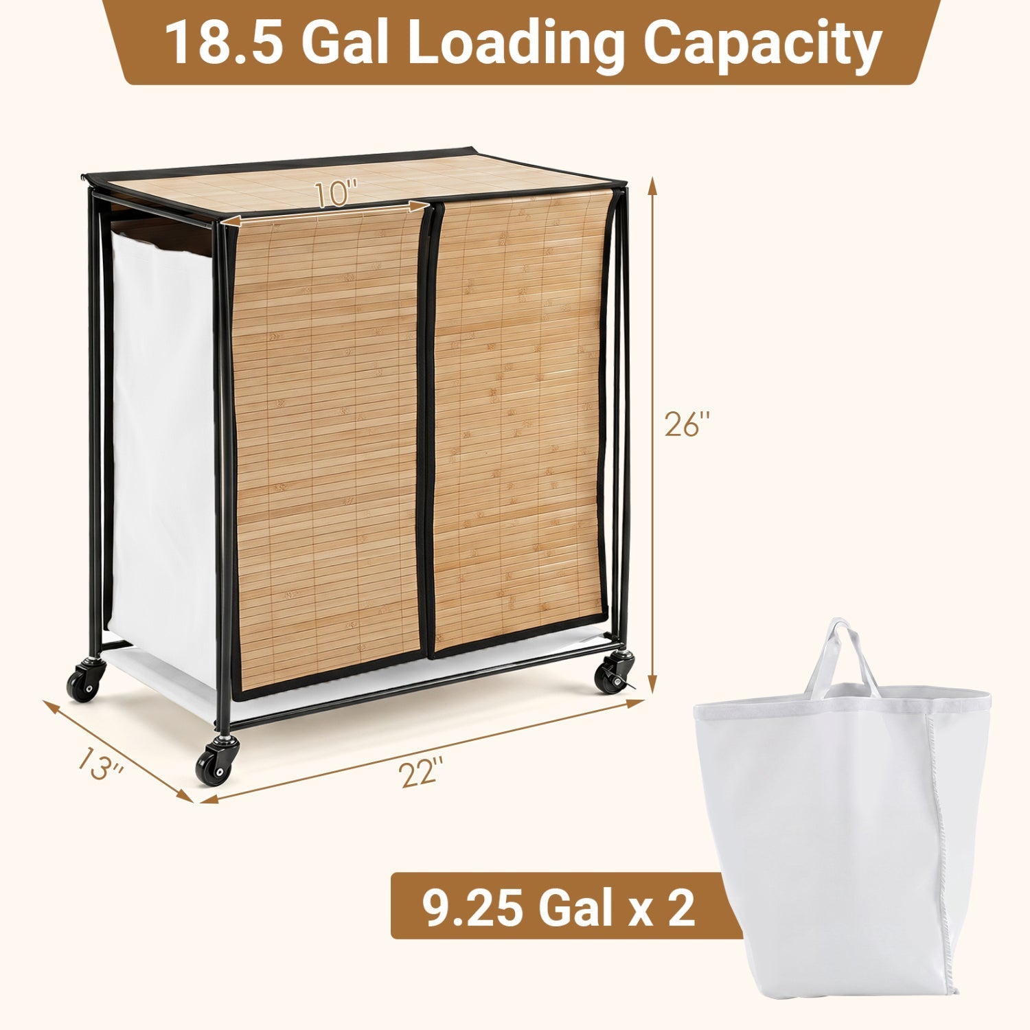 2-Section Laundry Hamper with Lid and Wheels, 18.5 Gal