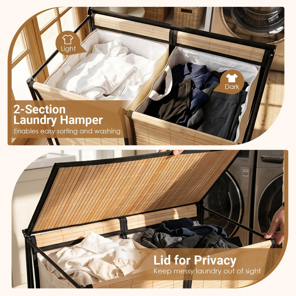 2-Section Laundry Hamper with Lid and Wheels, 18.5 Gal