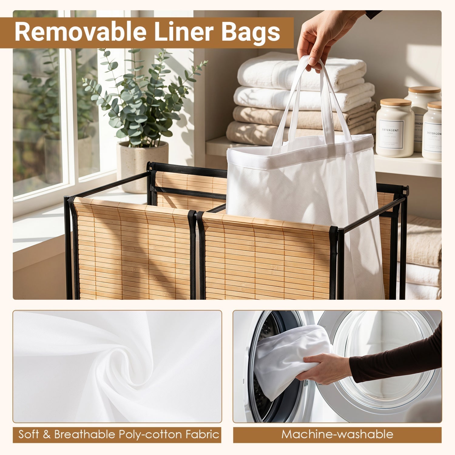 2-Section Laundry Hamper with Lid and Wheels, 18.5 Gal