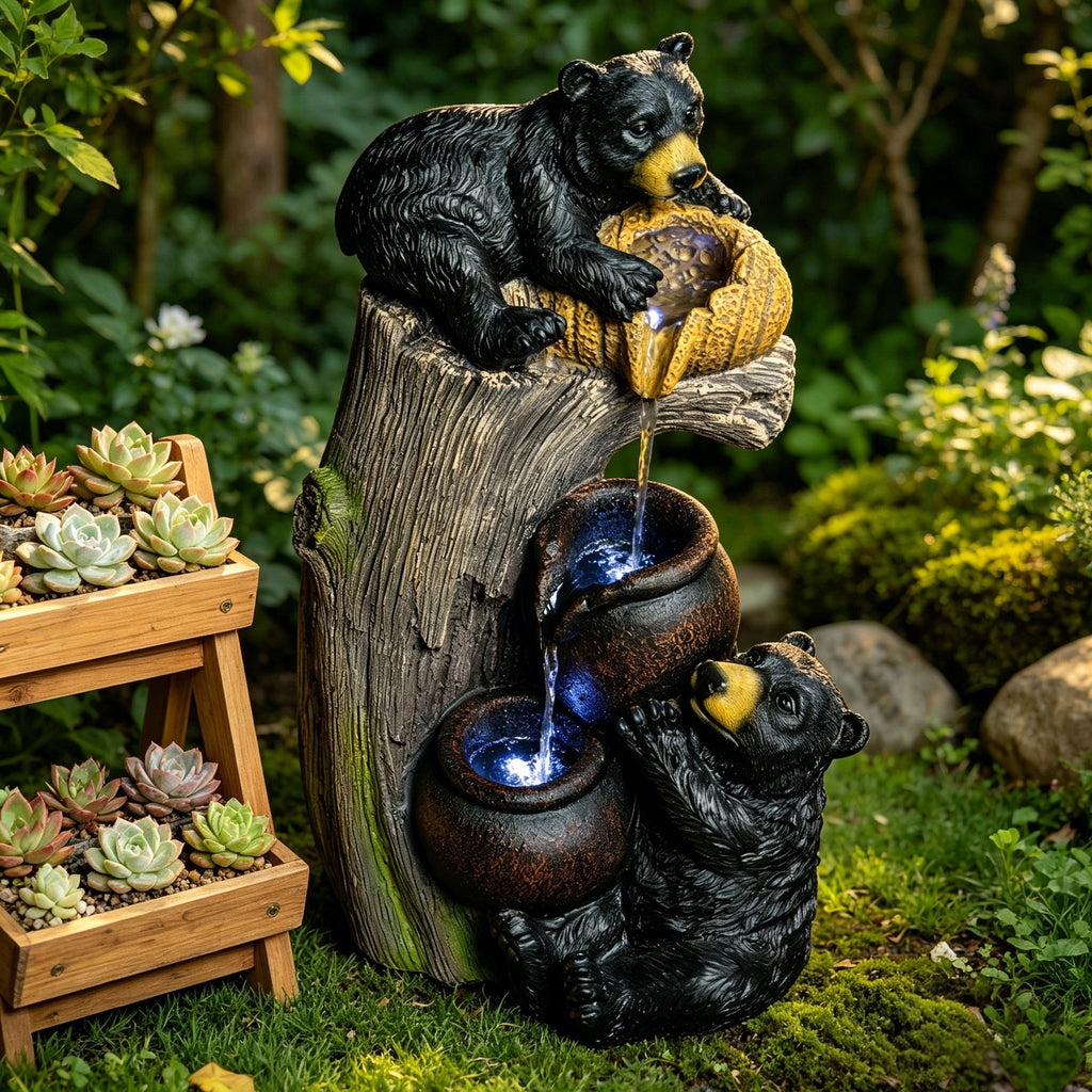 Bear Outdoor Water Fountain with LED Lights