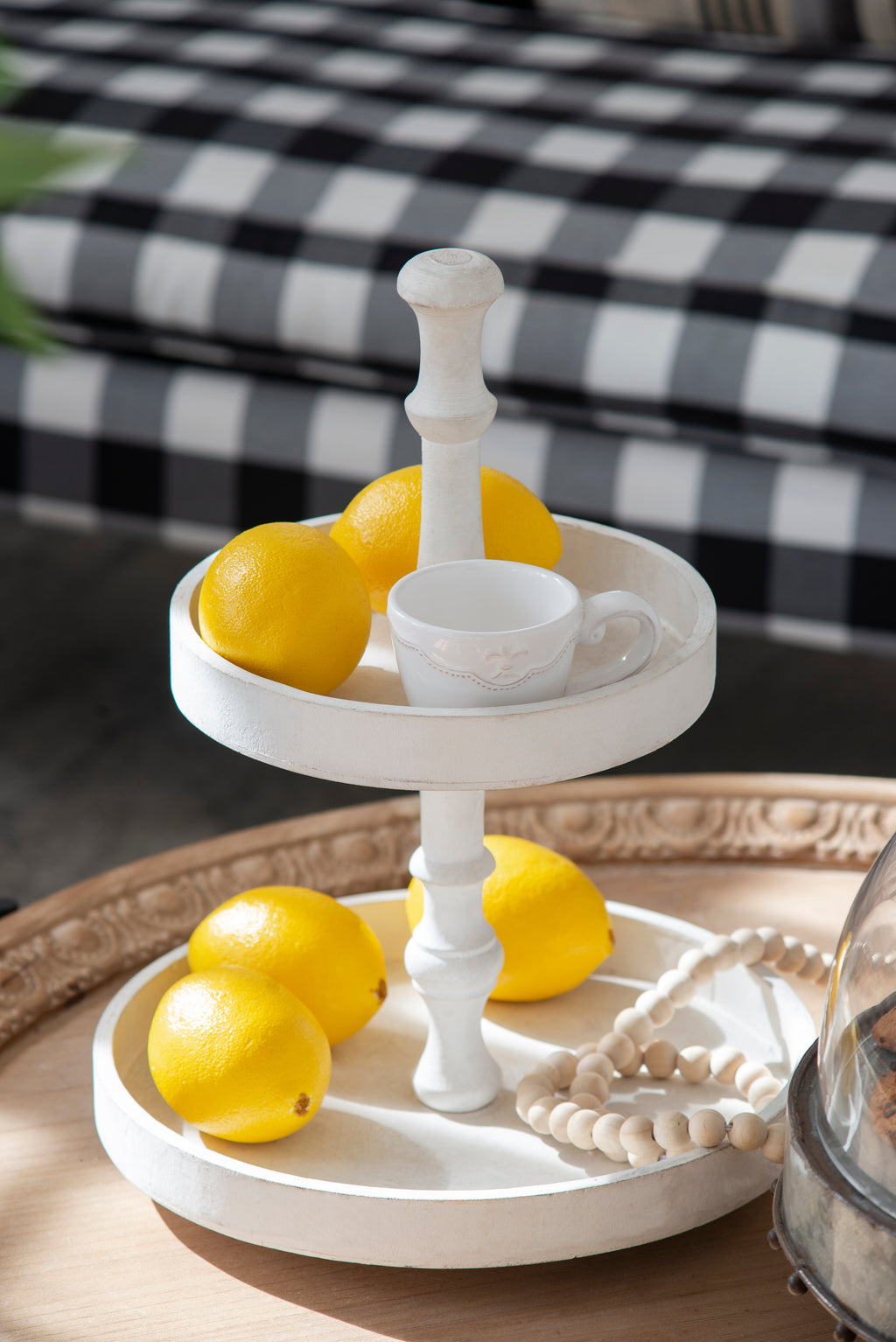 D11.8x15.4" Two-Tiered Round Wooden Tray