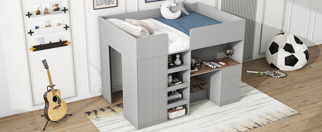 Wood Full Size Loft Bed with Built-in Wardrobe, Desk, Storage Shelves and Drawers