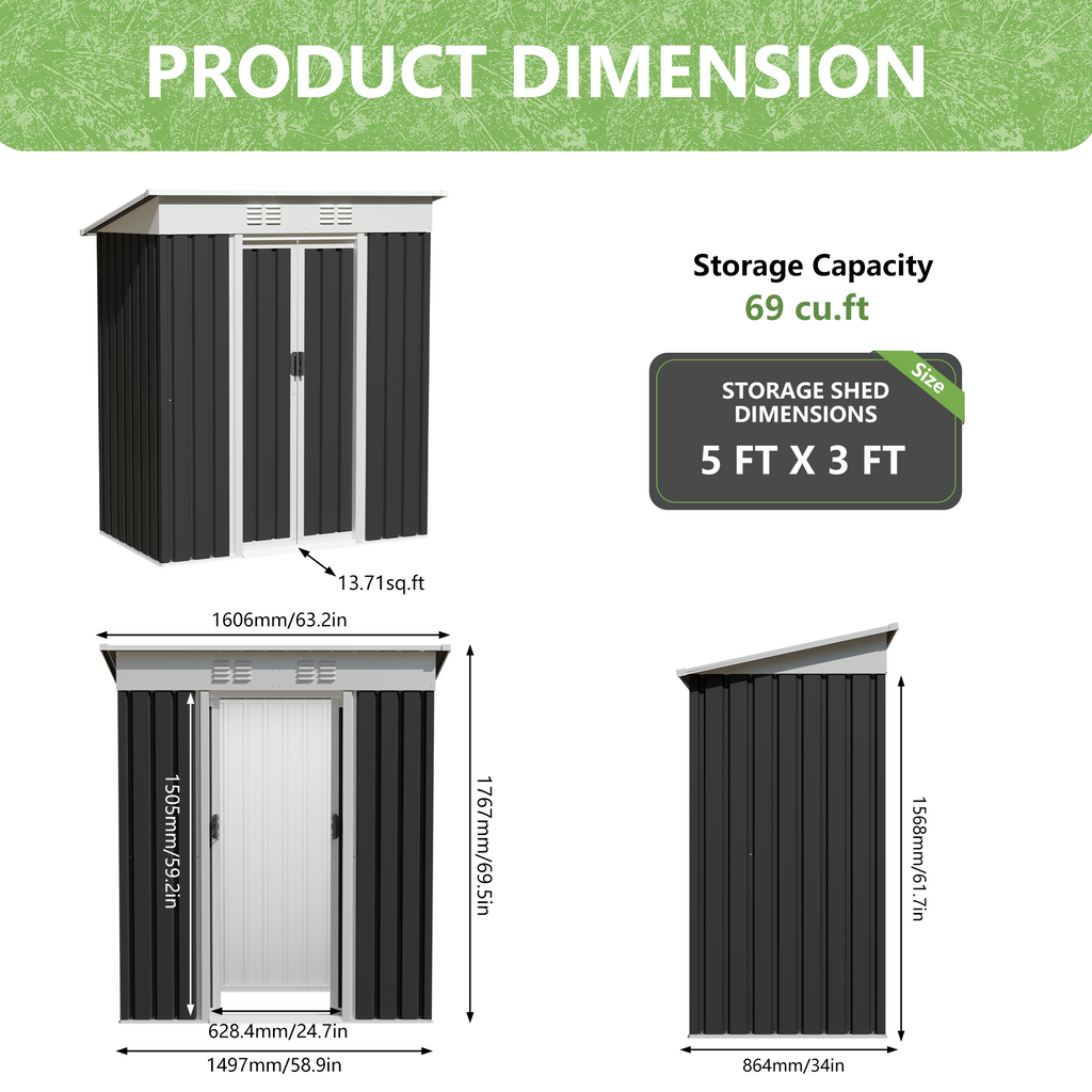 5x3 FT Metal Garden Shed with Sliding Door Pent Roof