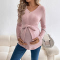 Maternity V-neck Long-sleeve Knitted Sweater With A Waist Tie