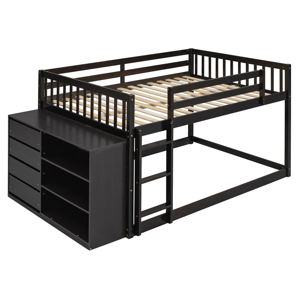 Full Over Full Bunk Bed with 4 Drawers and 3 Shelves - Espresso