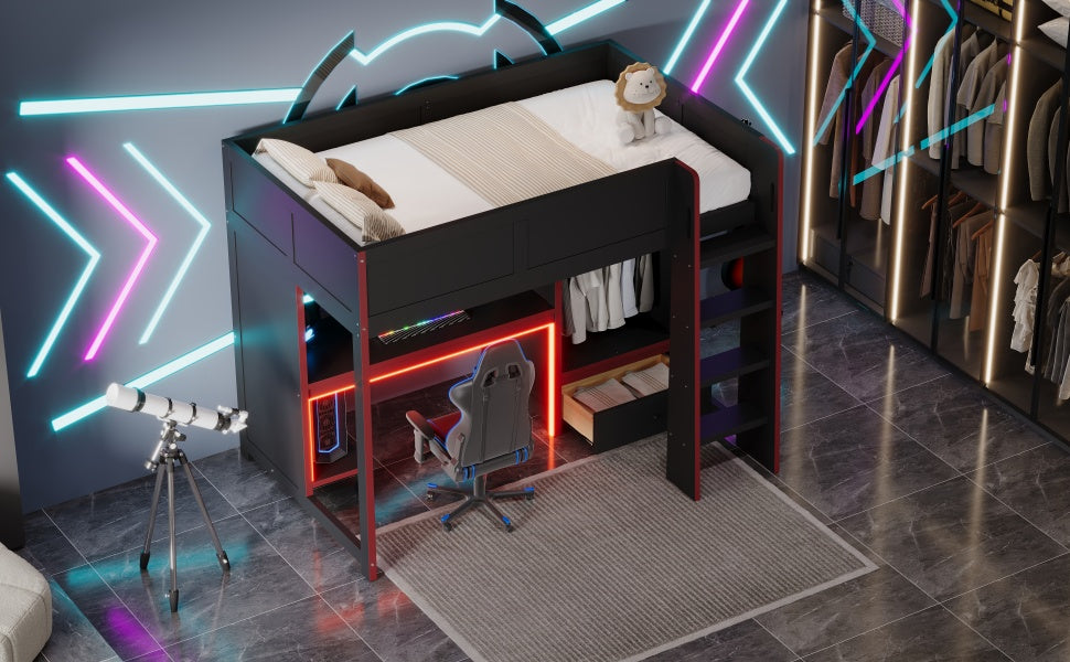 Wood Twin Size Gaming Loft Bed with Built-in Desk, Wardrobe, LED and a Drawer