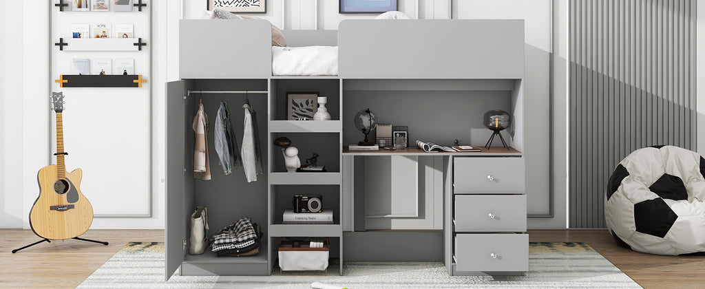 Wood Full Size Loft Bed with Built-in Wardrobe, Desk, Storage Shelves and Drawers