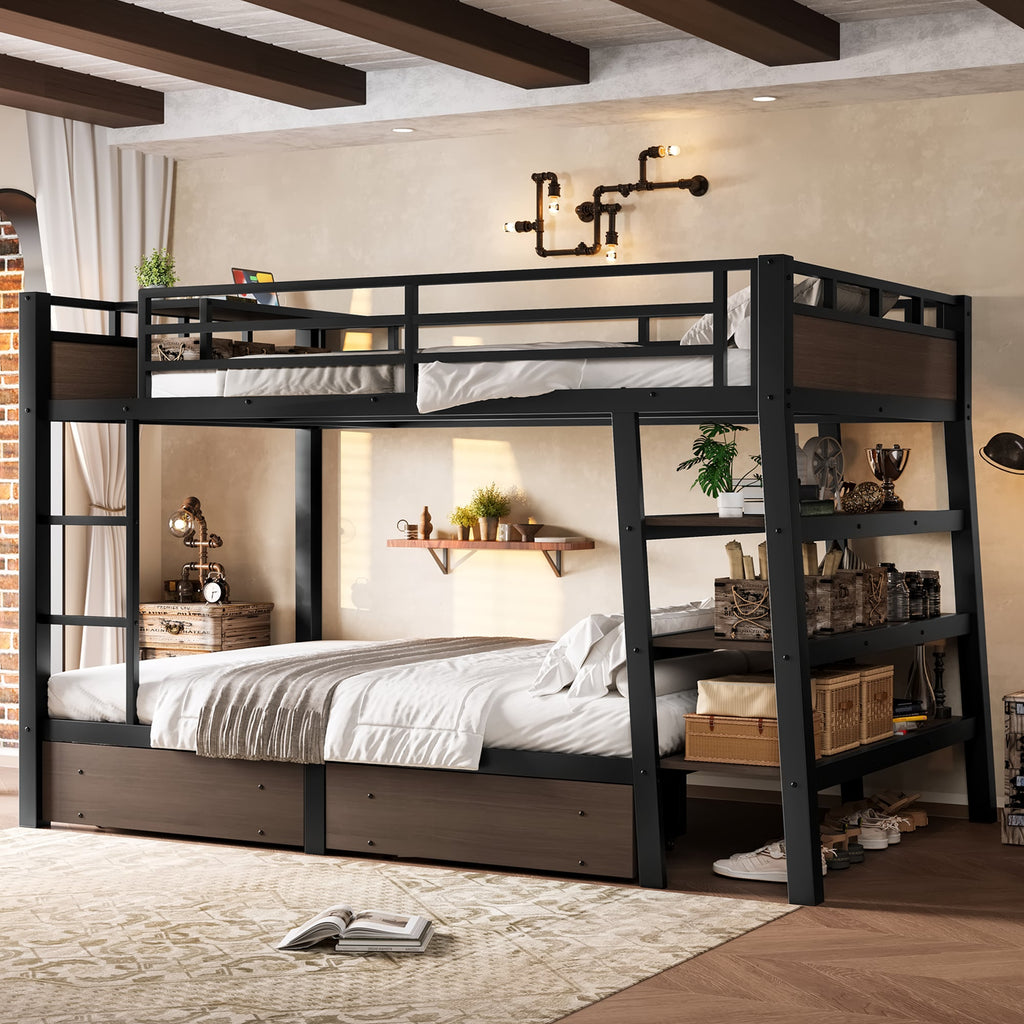 Full Size Metal Bunk Bed with Storage Shelves, LED Light Strip, and USB Power Strip
