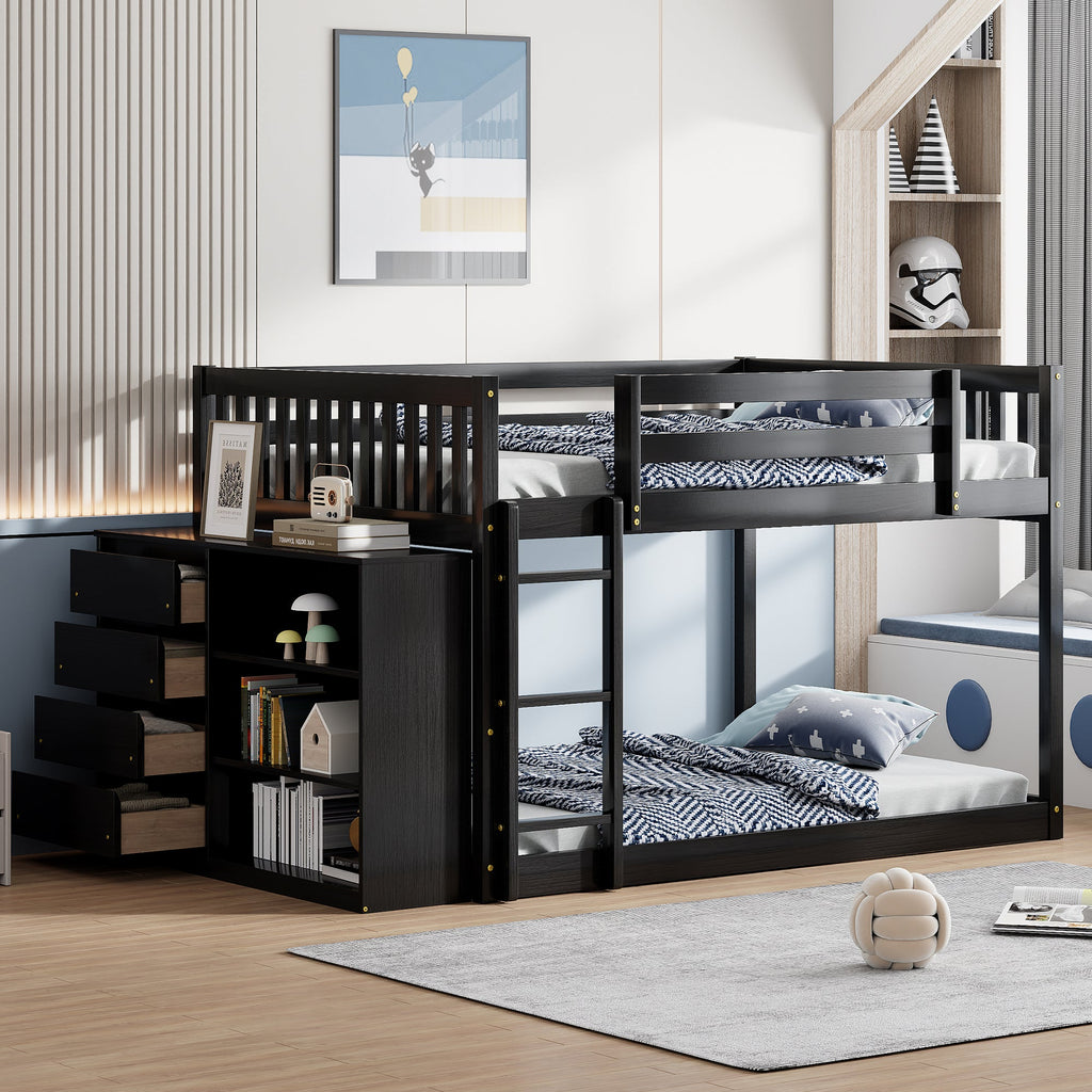 Full Over Full Bunk Bed with 4 Drawers and 3 Shelves - Espresso