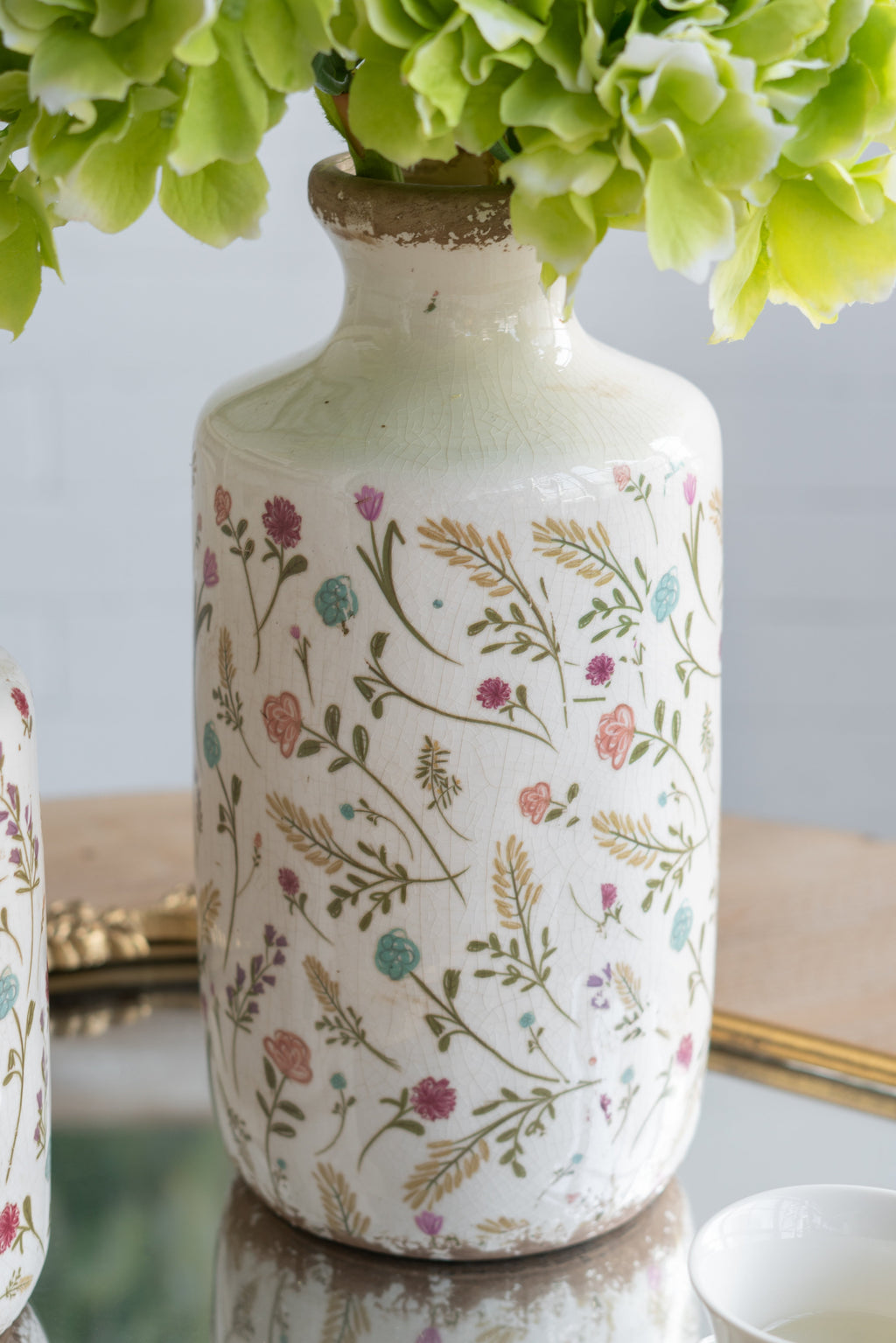 D5.3x10.6" Ceramic Cylinder Vase with Multi-Colored Floral Motifs