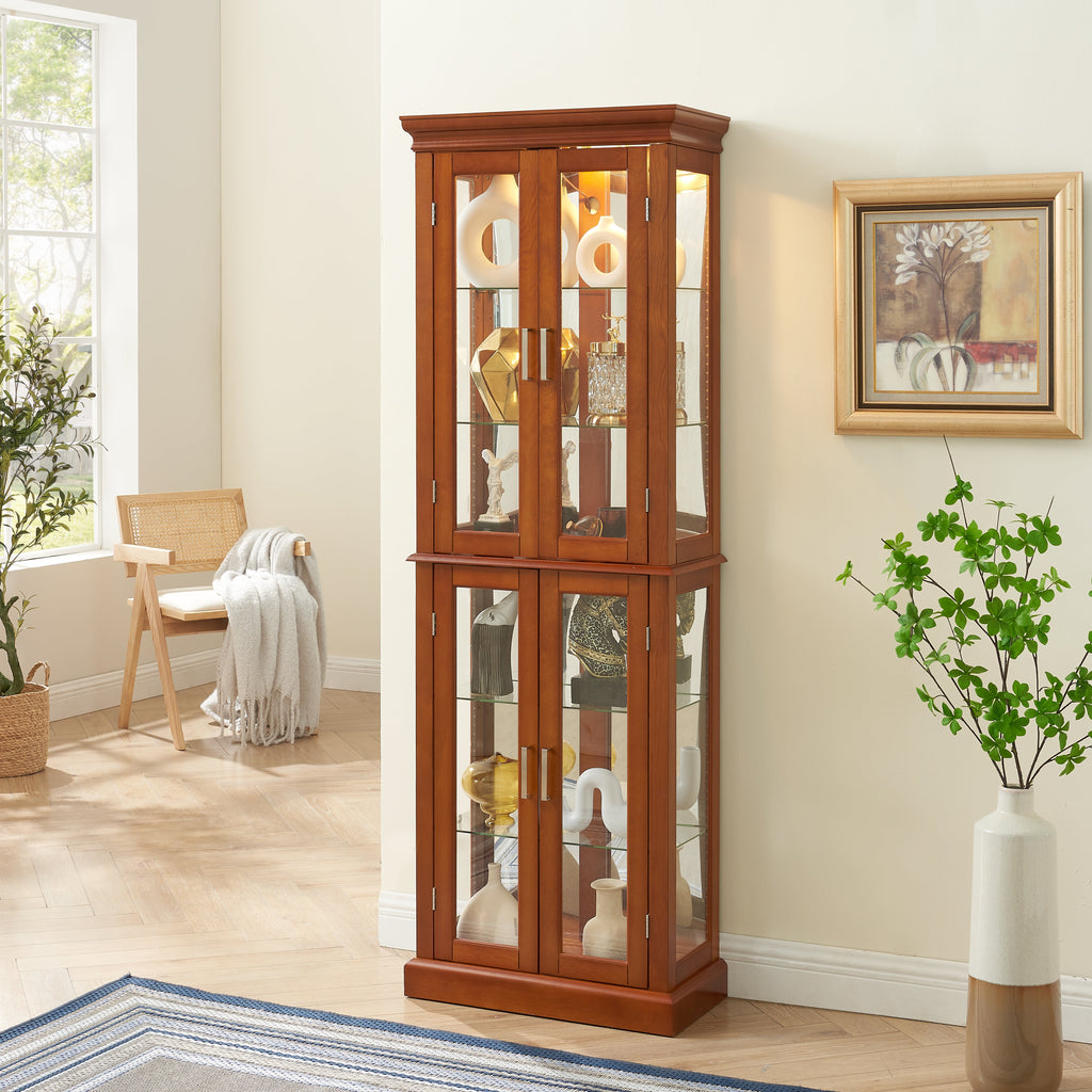 Lighted Curio Cabinet with Adjustable Shelves and Mirrored Back Panel