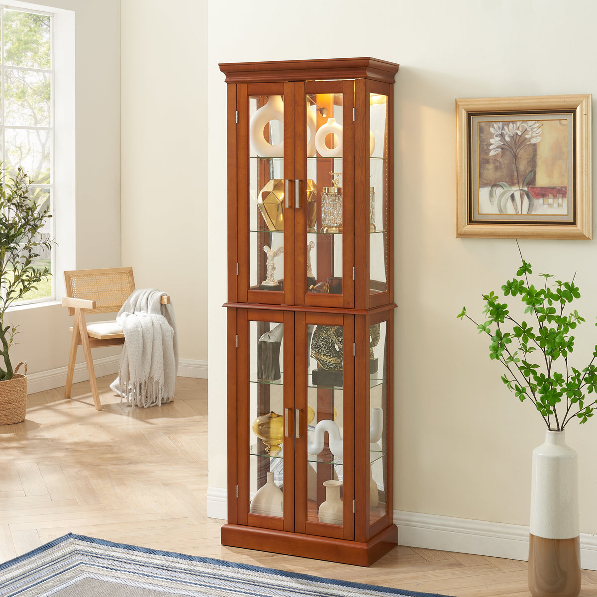 Lighted Curio Cabinet with Adjustable Shelves and Mirrored Back Panel