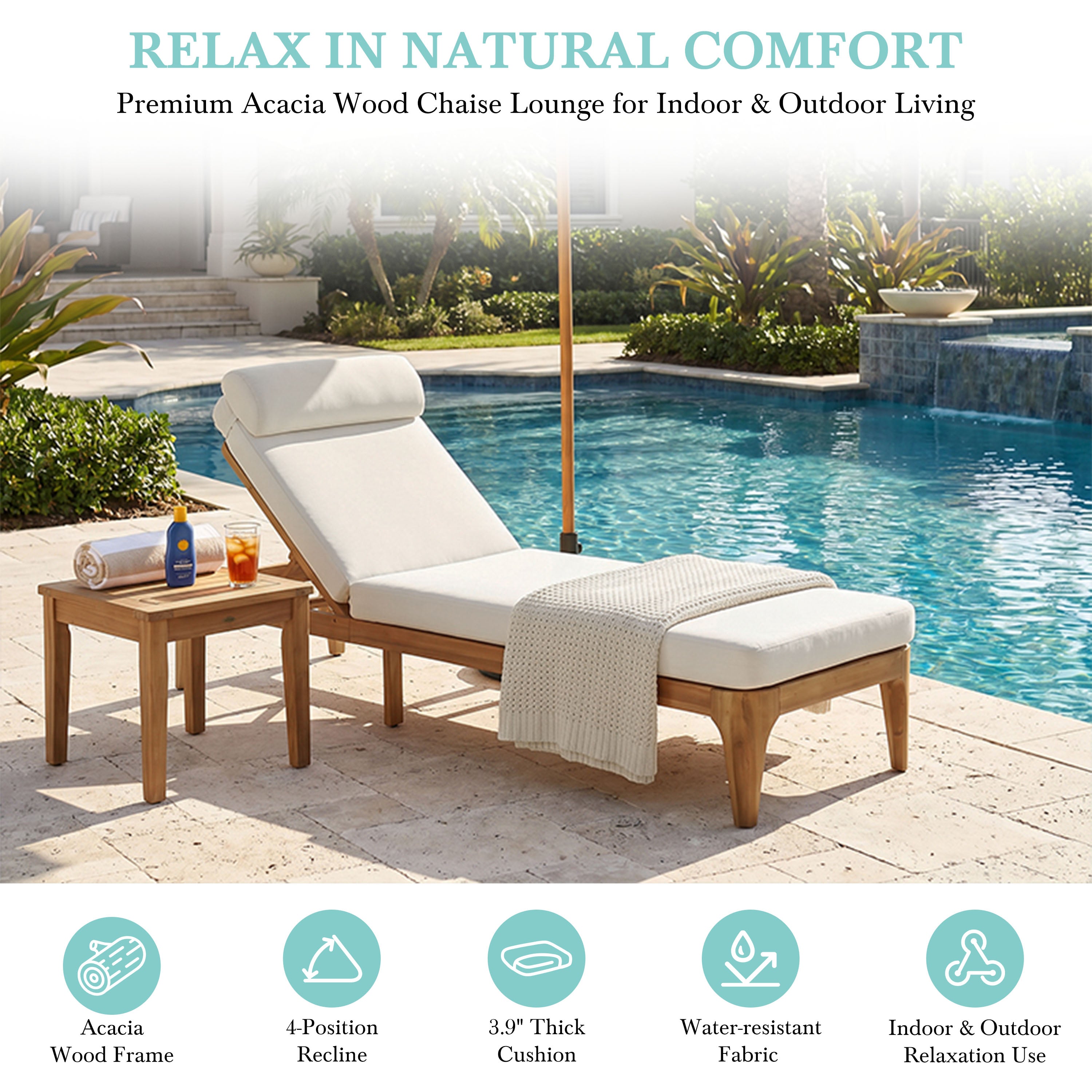 TOPMAX Acacia Wood Chaise Lounge - Outdoor Sun Lounge Chair
