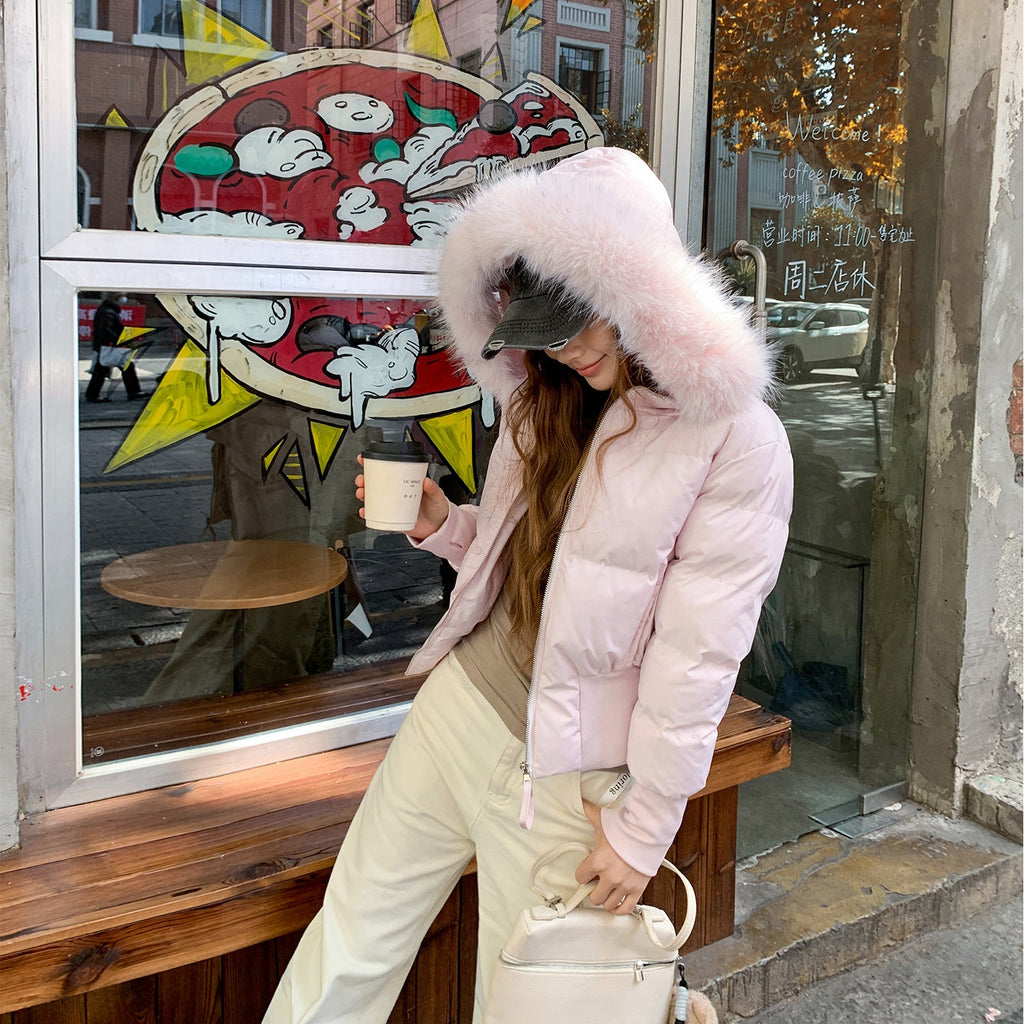 Womens Stylish Waist-cinching Figure-flattering Cropped Coat With A Large Fur-lined Hood