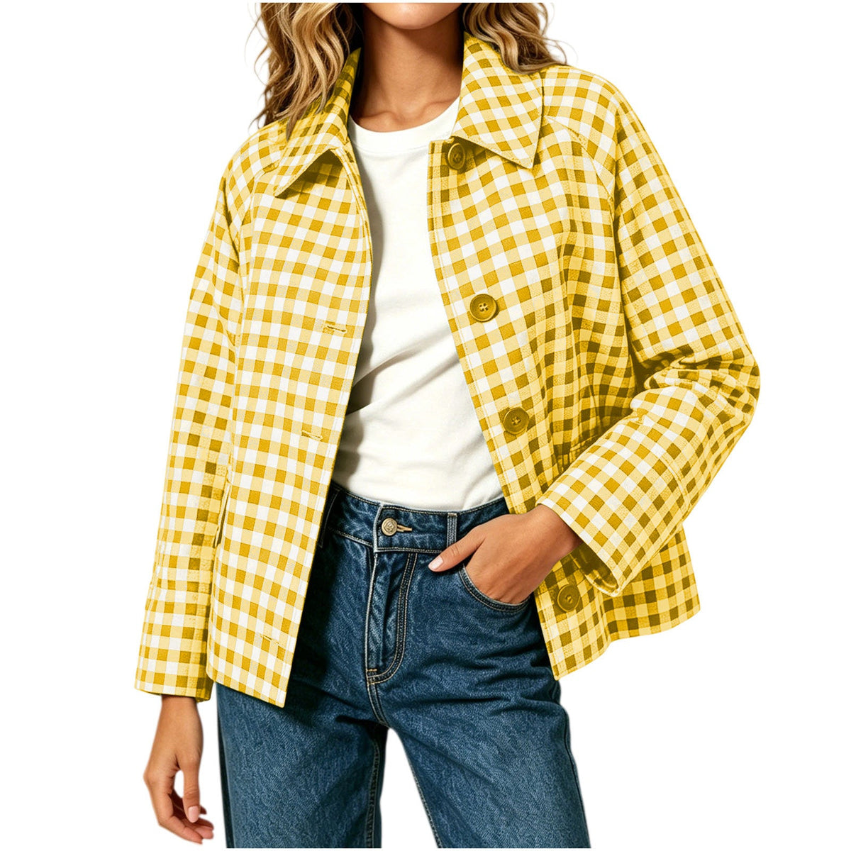 Womens Color-Block Plaid Casual Coat