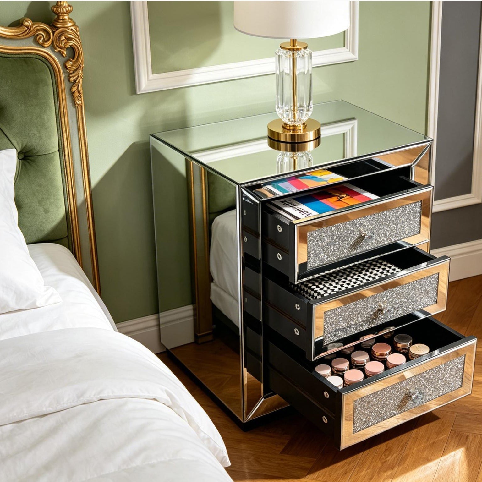 Mirrored Nightstand 3 Drawer