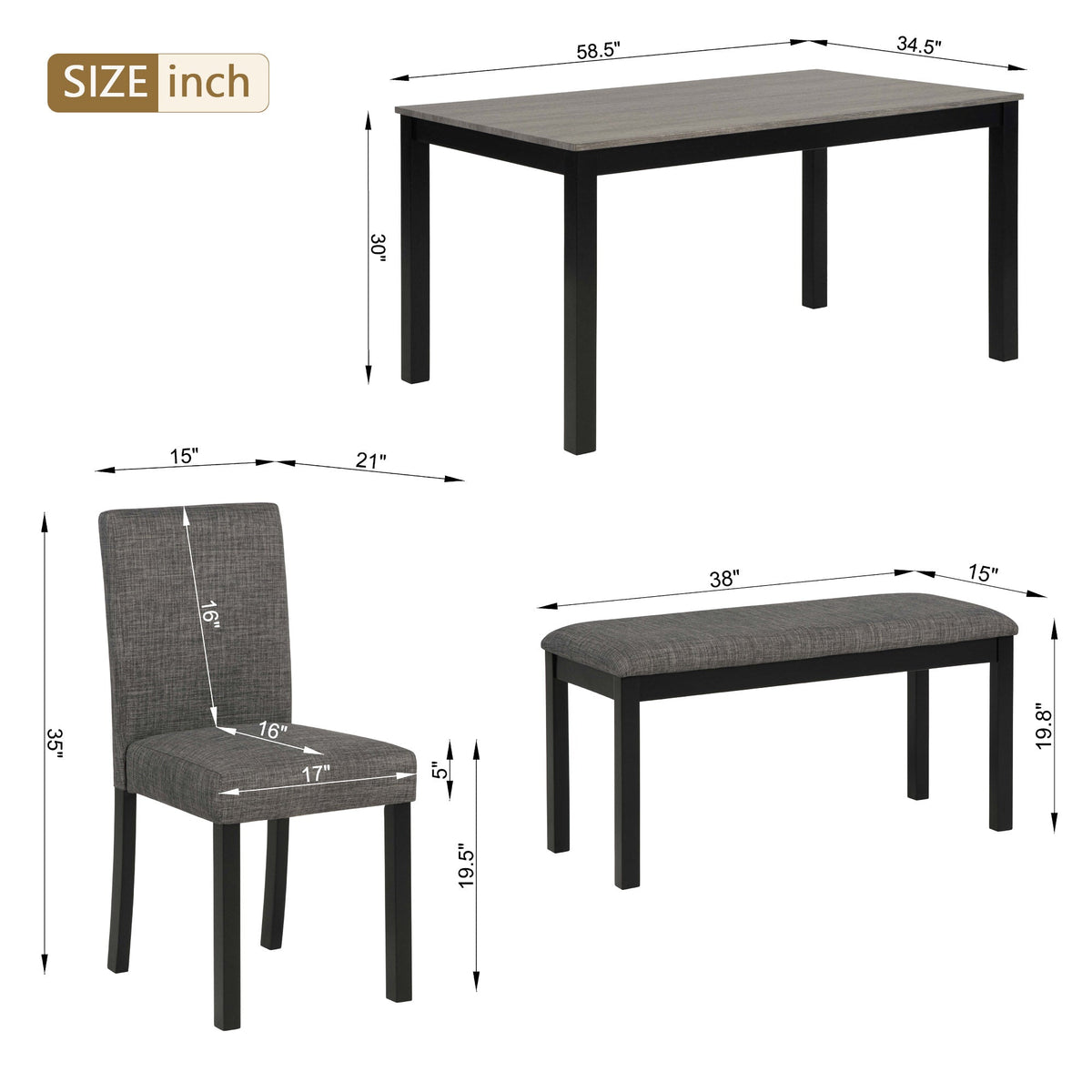 6-Piece Dining Table Set with Bench and Chairs