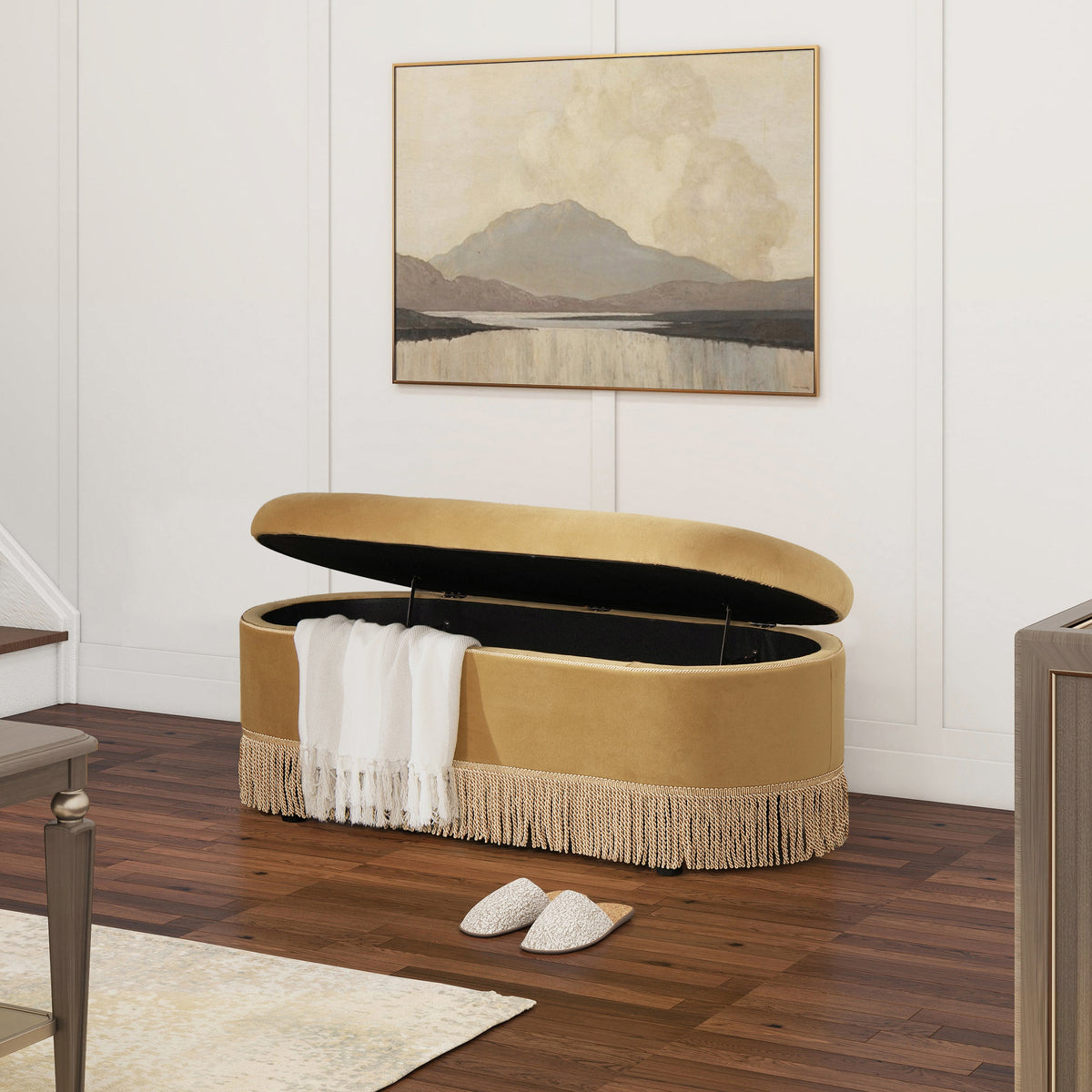 Melinda 48.5" Oval Tufted Bullion Fringe Storage Bench