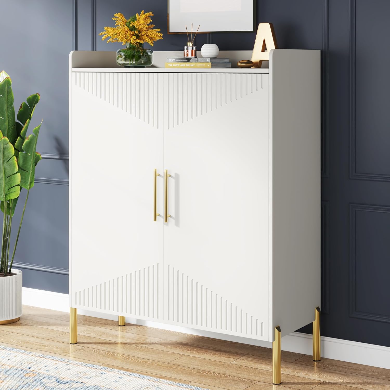 35.43 Inch White and Gold Shoe Cabinet